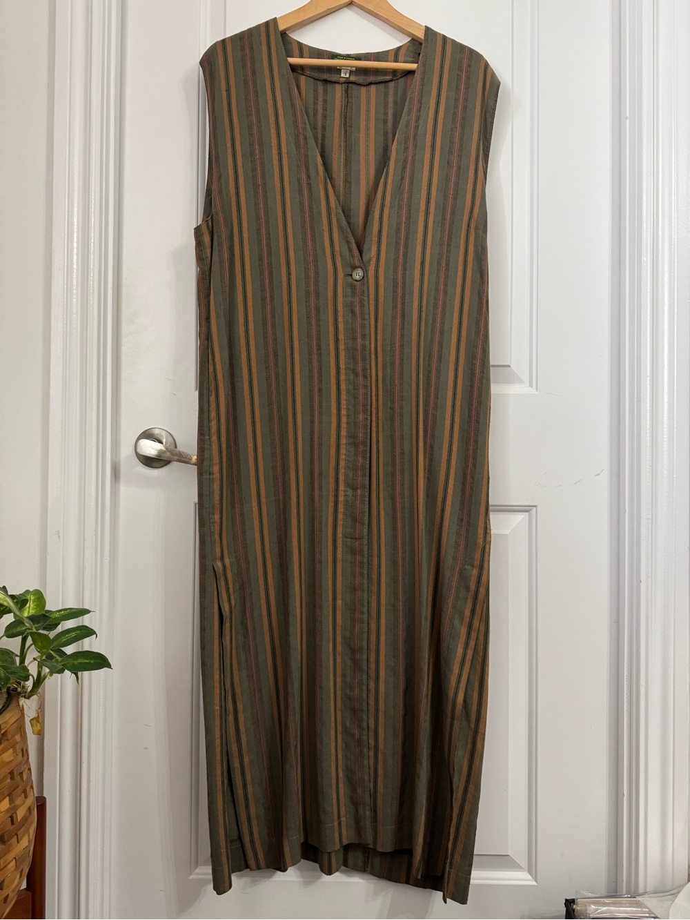Vintage Olive and Brown Striped Sleeveless Maxi Dress Duster Vest Linen Blend